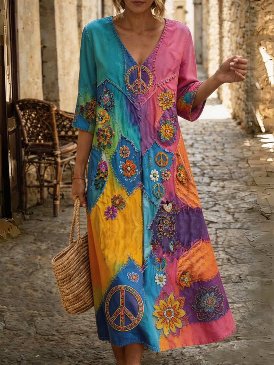 Women's Retro Hippy Art Print Washed Cotton Lace Patchwork Midi Dress